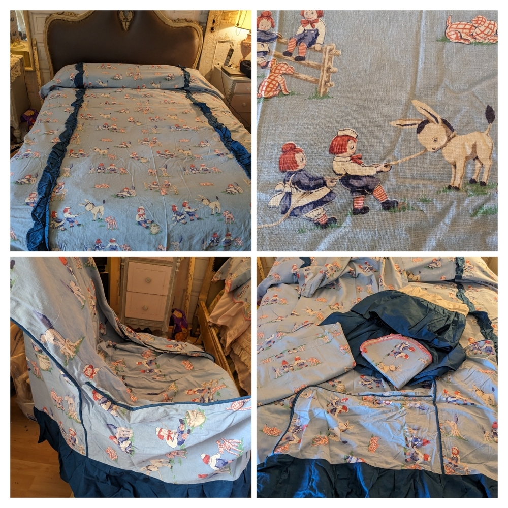 1930s Raggedy Ann and Andy Bedding Set 7pc Bedspread Curtains Chair Cover